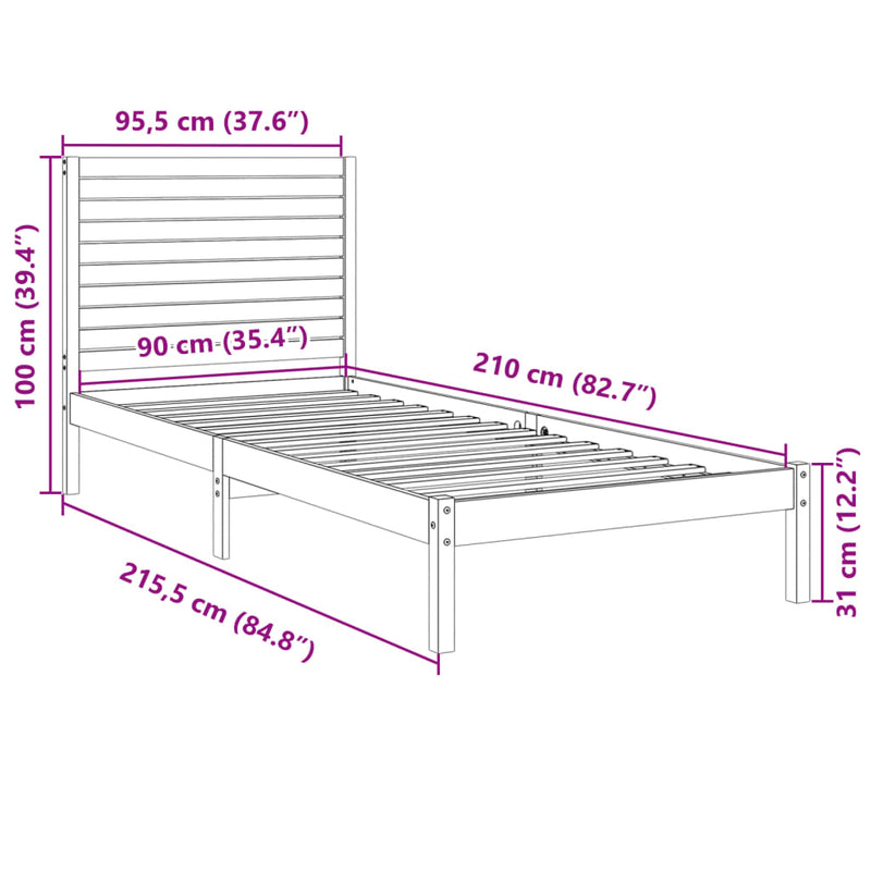 vidaXL tömör fa extra hosszú ágykeret matrac nélkül 90 x 210 cm