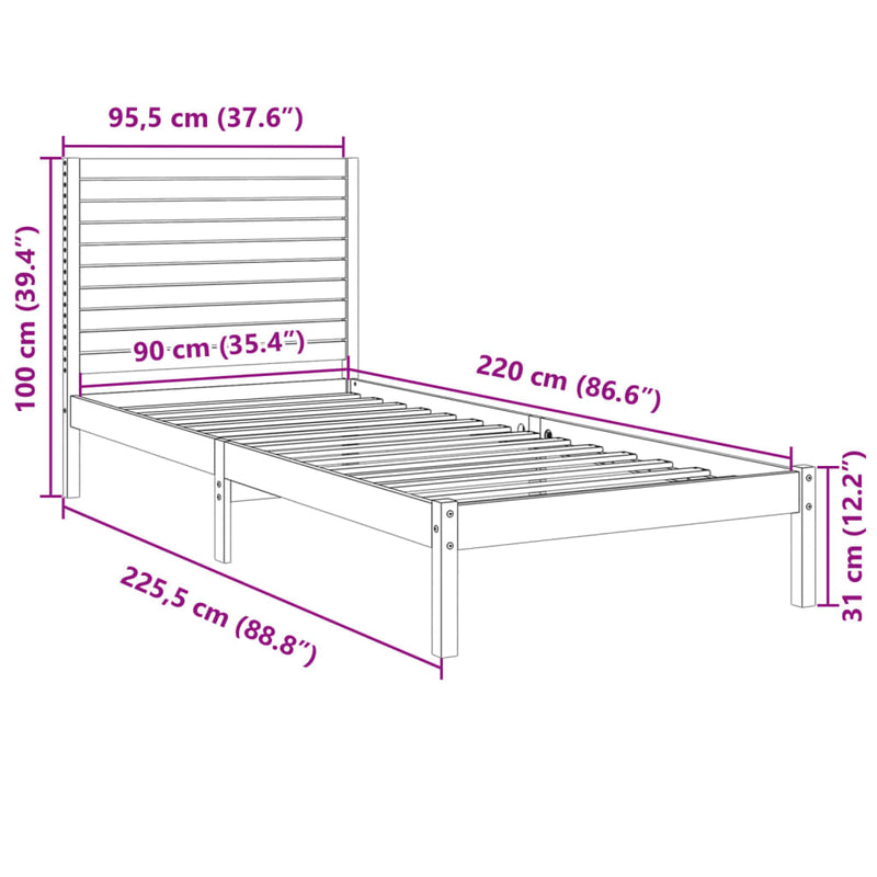 vidaXL tömör fa extra hosszú ágykeret matrac nélkül 90 x 220 cm