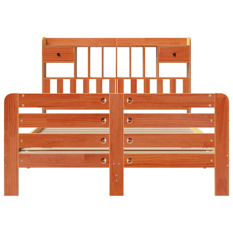 vidaXL barna tömör fenyőfa könyvespolcos ágy matrac nélkül 140 x 200cm