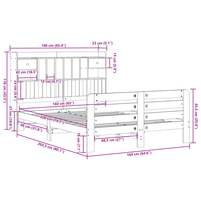 vidaXL tömör fenyőfa könyvespolcos ágy matrac nélkül 160 x 200 cm