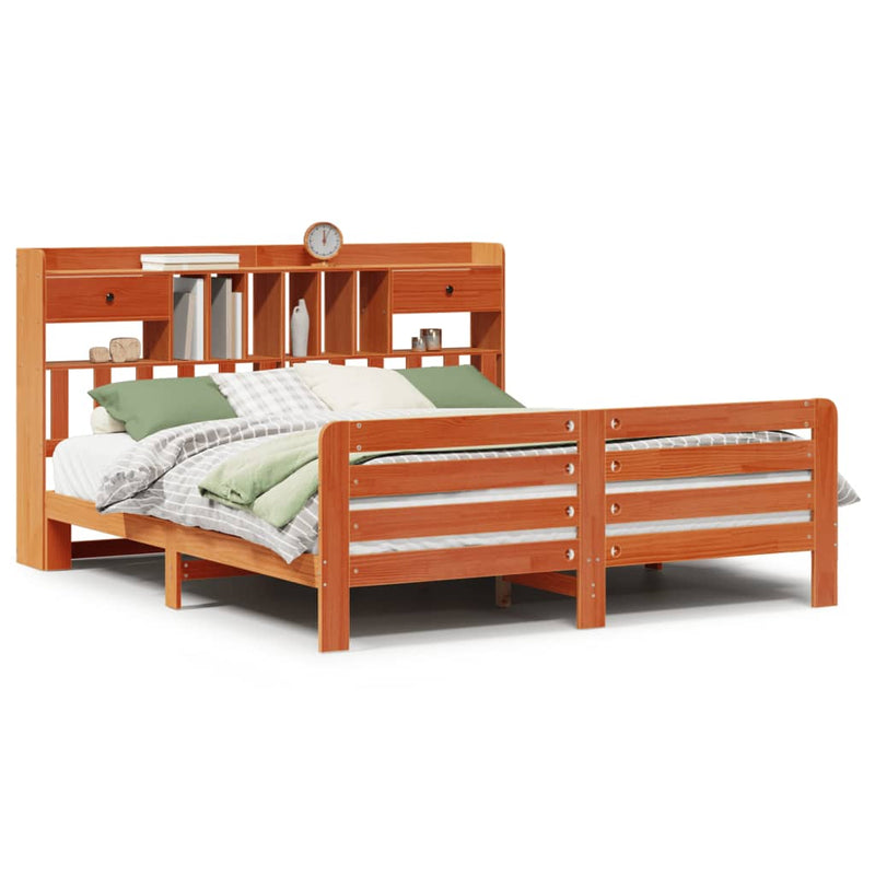 vidaXL barna tömör fenyőfa könyvespolcos ágy matrac nélkül 180 x 200cm