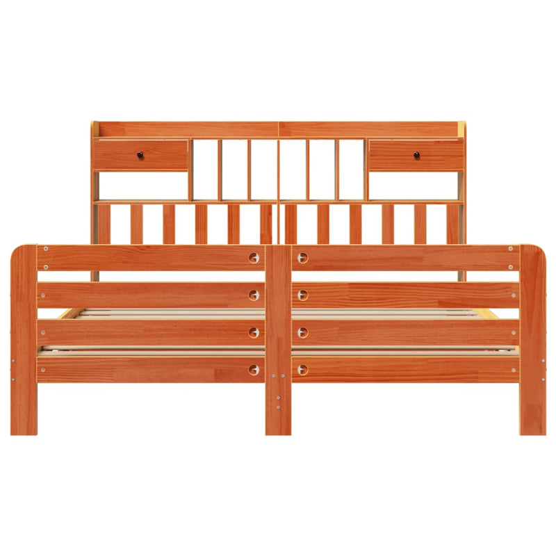 vidaXL barna tömör fenyőfa könyvespolcos ágy matrac nélkül 200 x 200cm