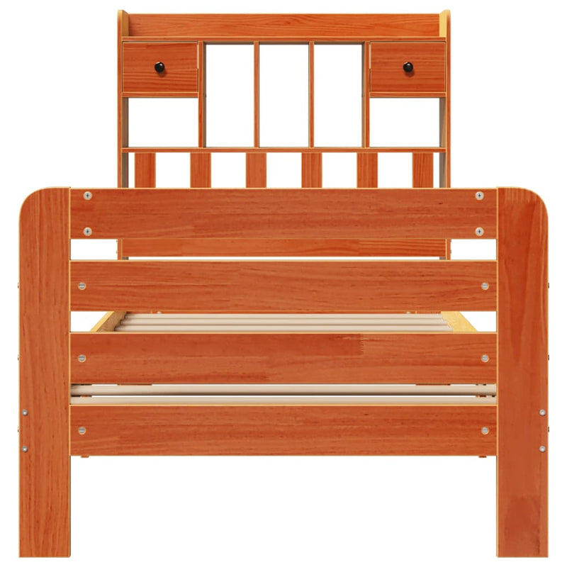 vidaXL barna tömör fenyőfa könyvespolcos ágy matrac nélkül 75 x 190 cm