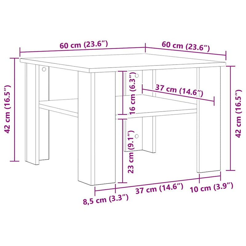 vidaXL kézműves tölgy színű szerelt fa dohányzóasztal 60x60x42 cm
