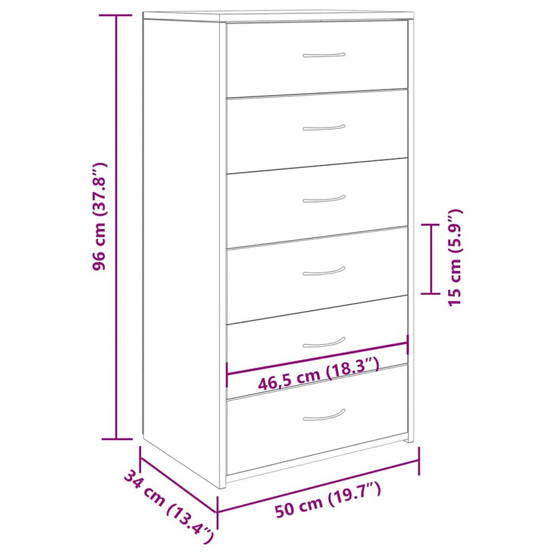 vidaXL tálalószekrény 6 fiókkal Kézműves tölgy 50x34x96 cm műszaki fa