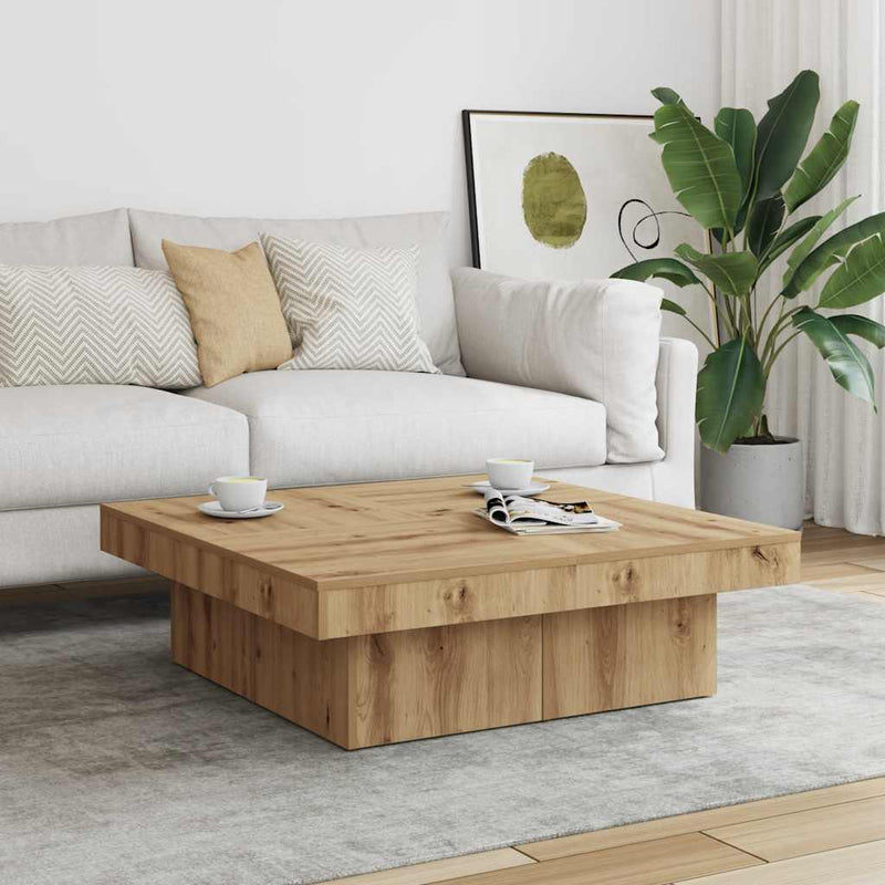 vidaXL kézműves tölgyszínű szerelt fa dohányzóasztal 90x90x28 cm