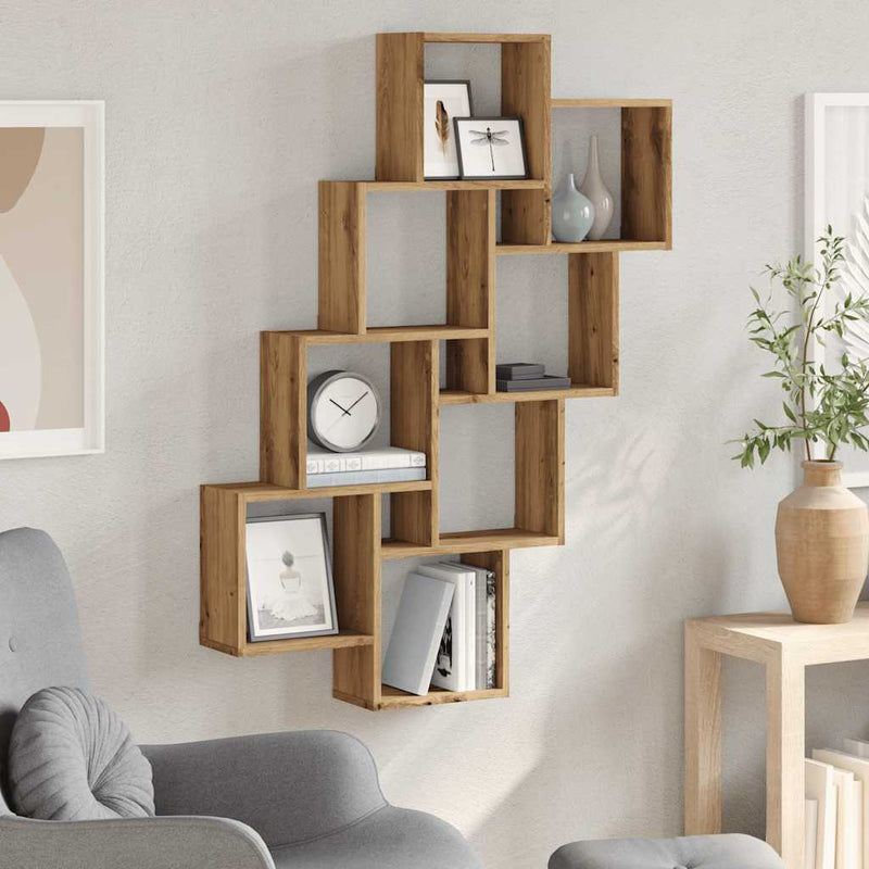 vidaXL kézműves tölgy színű szerelt fa fali kocka polcok 90x15x119,5cm
