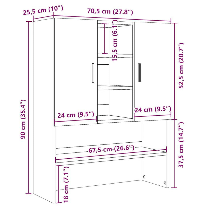 vidaXL kézműves tölgy színű mosógépszekrény 70,5 x 25,5 x 90 cm
