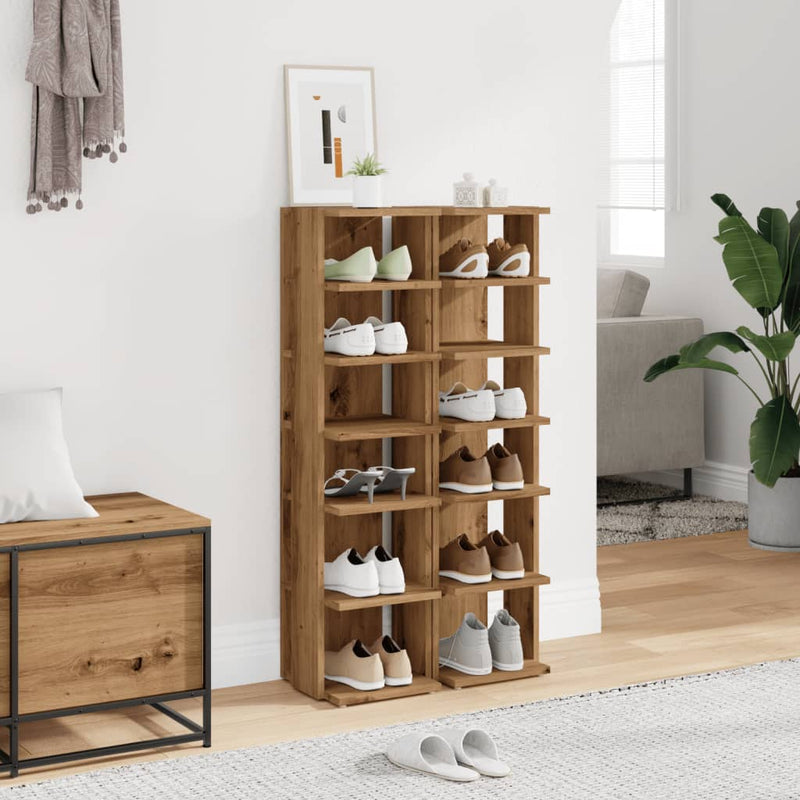 vidaXL 2 db kézműves tölgy színű szerelt fa cipőszekrény 28x27x102 cm