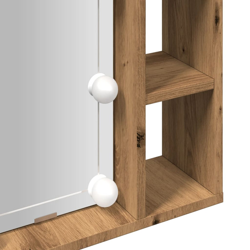 vidaXL kézműves tölgy szerelt fa tükrös szekrény LED-ekkel 76x15x55 cm
