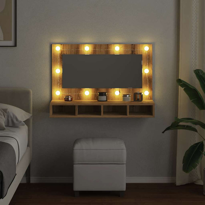 vidaXL kézműves tölgy tükrös szekrény LED-ekkel 90 x 31,5 x 62 cm