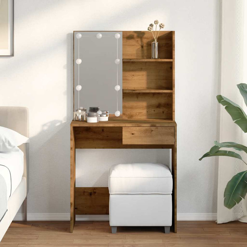 vidaXL kézműves tölgy színű LED-es fésülködőasztal 74,5x40x141 cm