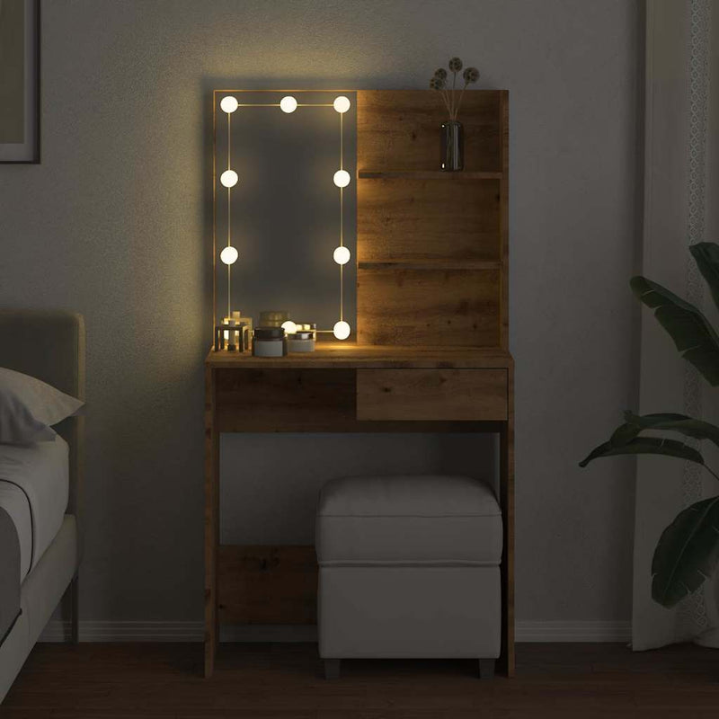 vidaXL kézműves tölgy színű LED-es fésülködőasztal 74,5x40x141 cm