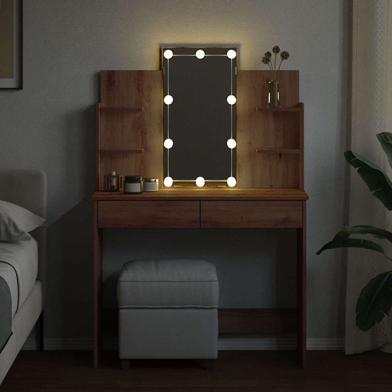 vidaXL kézműves tölgy színű fésülködőasztal LED-del 96x40x142 cm