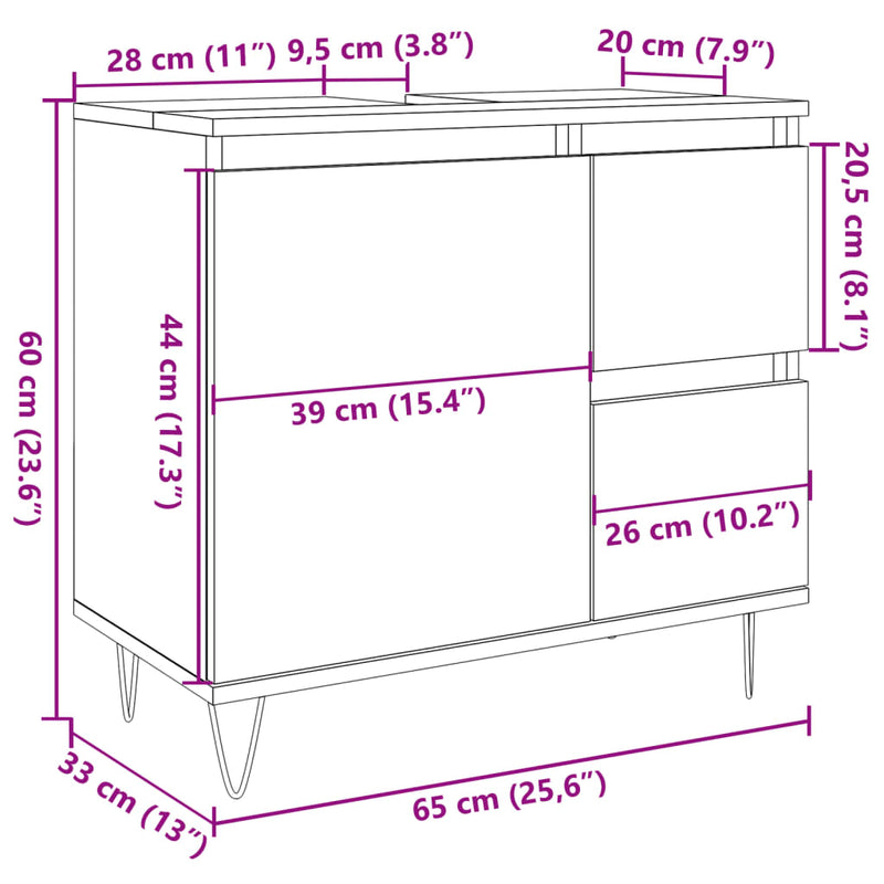 vidaXL betonszürke szerelt fa fürdőszobai mosdószekrény 65x33x60 cm