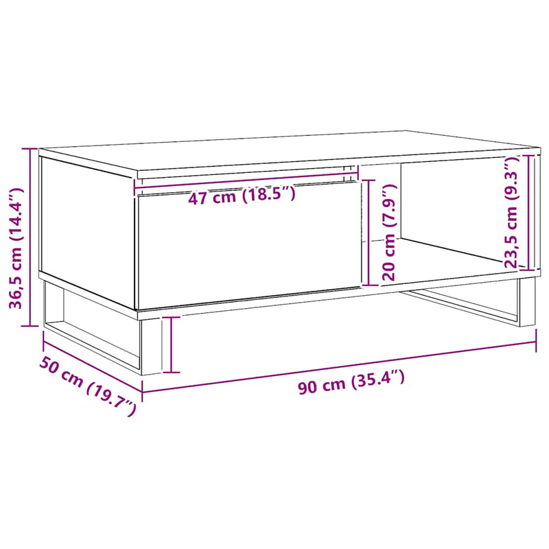 vidaXL kézműves tölgy színű szerelt fa dohányzóasztal 90x50x36,5 cm