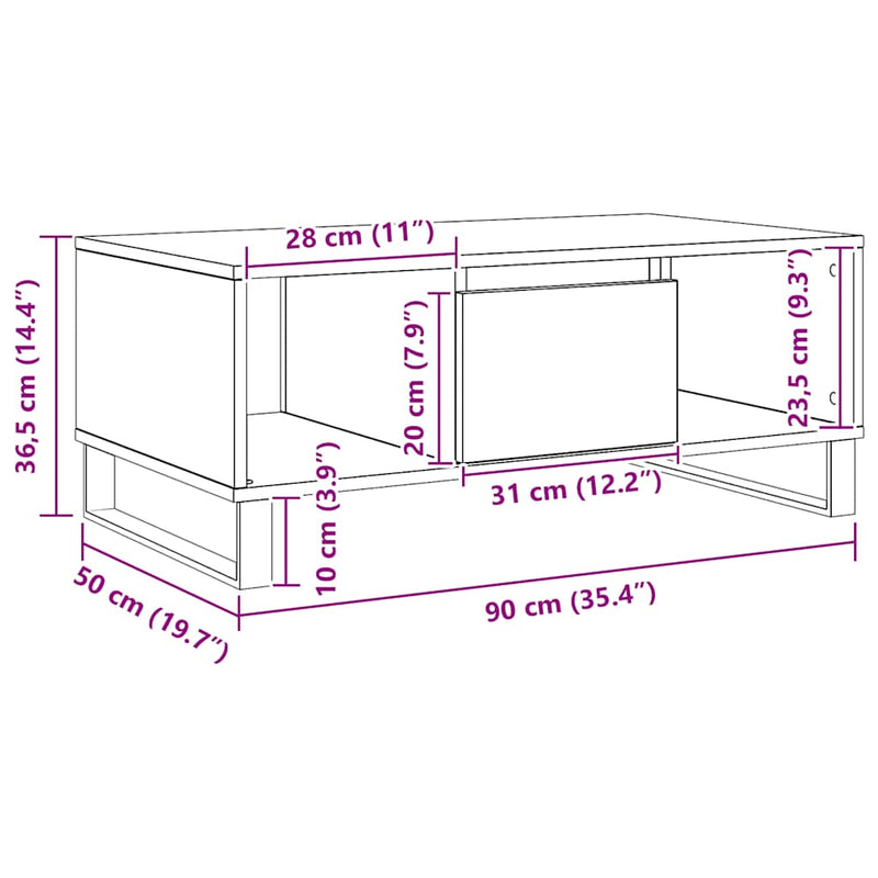 vidaXL kézműves tölgy színű szerelt fa dohányzóasztal 90x50x36,5 cm