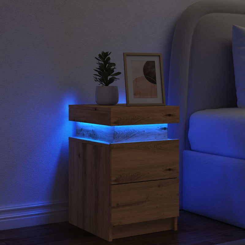 vidaXL kézműves tölgy szerelt fa éjjeliszekrény LED-del 35x39x55 cm