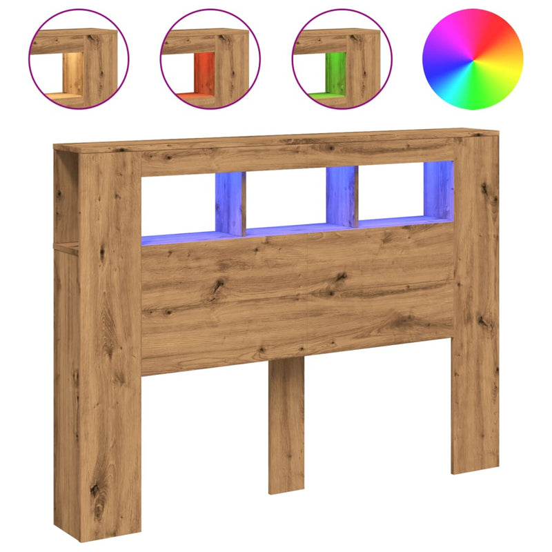 vidaXL kézműves tölgyszínű szerelt fa LED-es fejtámla 140x18,5x103,5cm