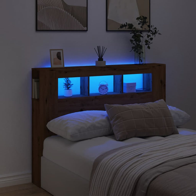 vidaXL kézműves tölgyszínű szerelt fa LED-es fejtámla 140x18,5x103,5cm