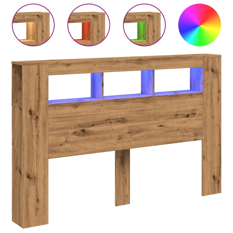 vidaXL kézműves tölgyszínű szerelt fa LED-es fejtámla 160x18,5x103,5cm