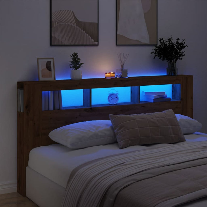vidaXL kézműves tölgyszínű szerelt fa LED-es fejtámla 200x18,5x103,5cm