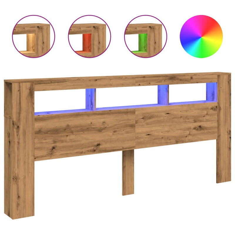 vidaXL kézműves tölgyszínű szerelt fa LED-es fejtámla 220x18,5x103,5cm