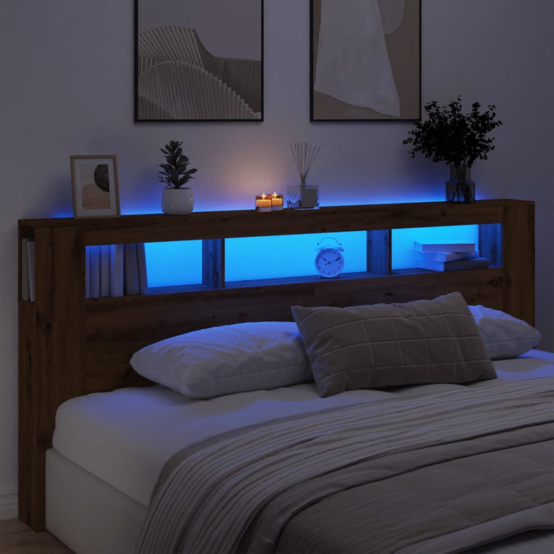 vidaXL kézműves tölgyszínű szerelt fa LED-es fejtámla 220x18,5x103,5cm