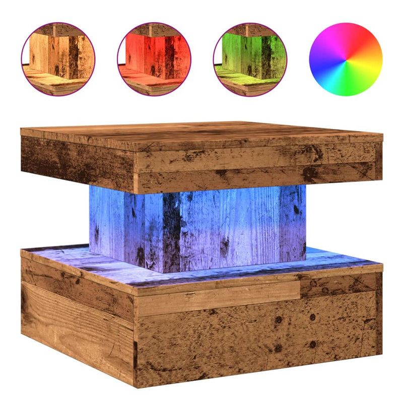 vidaXL antik fa színű dohányzóasztal LED-lámpákkal 50 x 50 x 40 cm