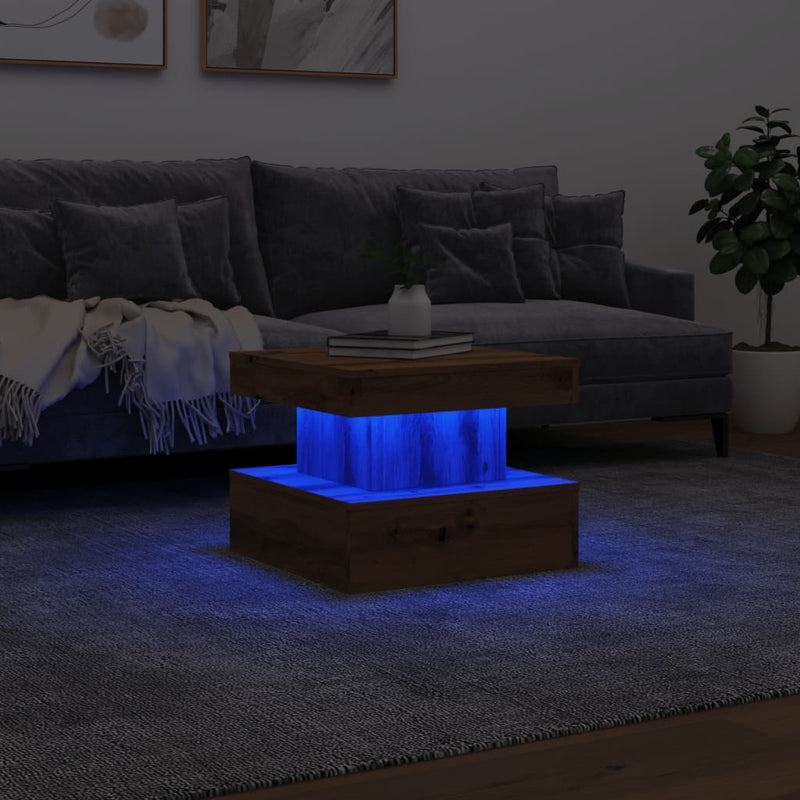 vidaXL kézműves tölgy színű dohányzóasztal LED-lámpákkal 50x50x40cm