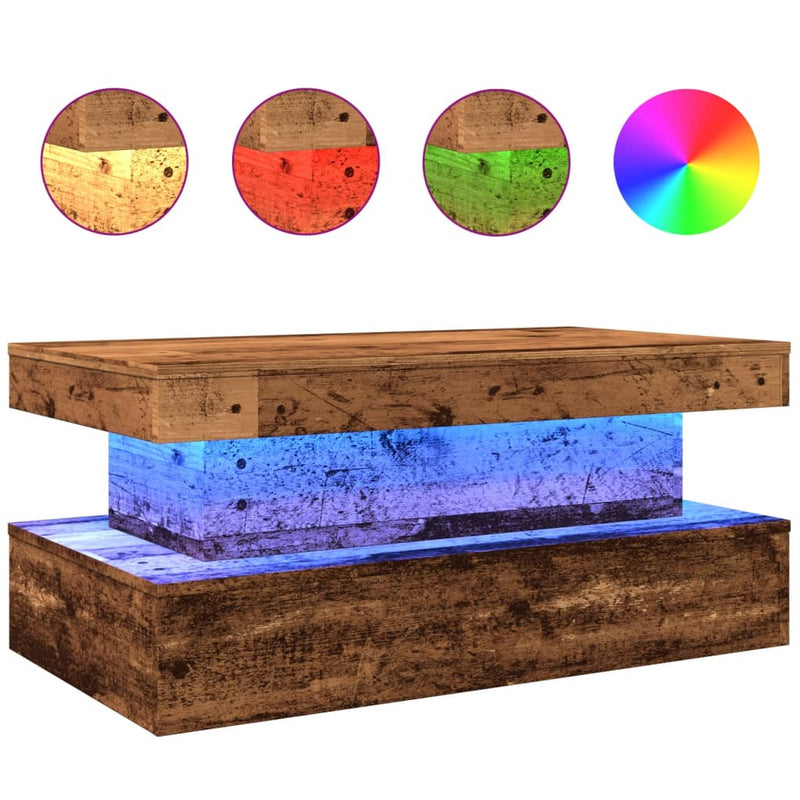 vidaXL antik fa színű dohányzóasztal LED-lámpákkal 90x50x40 cm