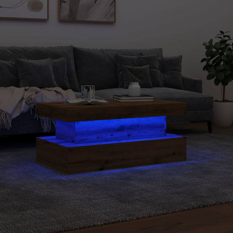 vidaXL kézműves tölgy színű dohányzóasztal LED-lámpákkal 90x50x40 cm