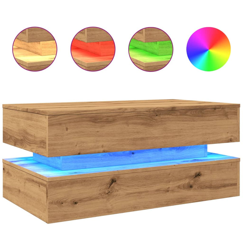 vidaXL kézműves tölgy színű dohányzóasztal LED-lámpákkal 90x50x40 cm