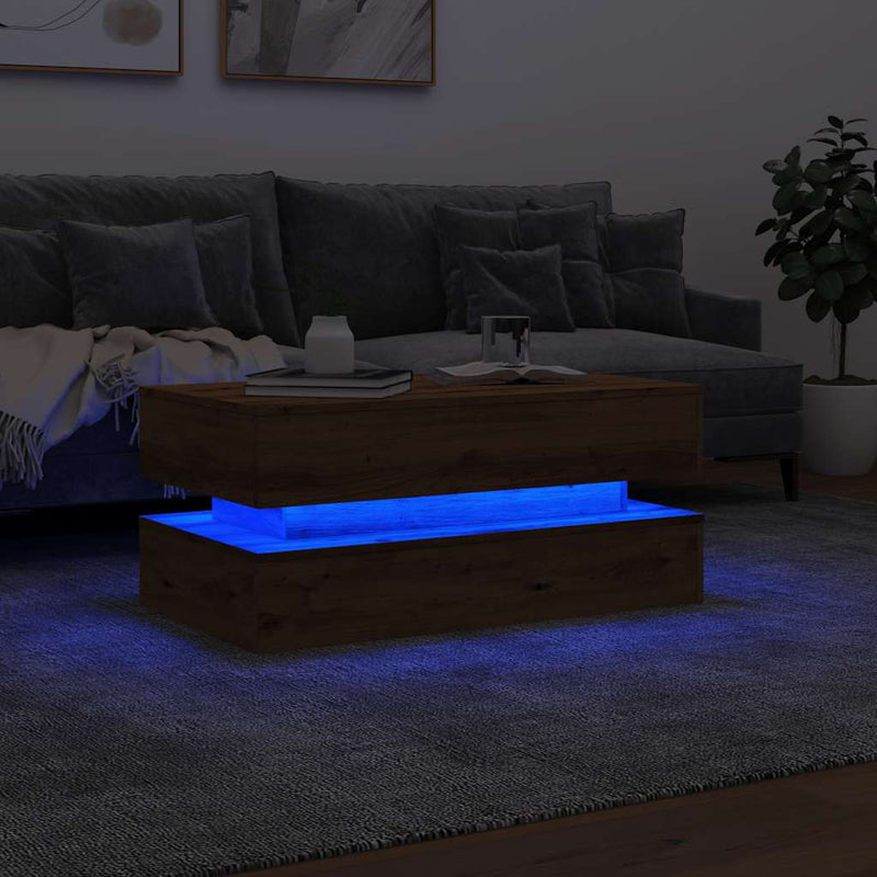 vidaXL kézműves tölgy színű dohányzóasztal LED-lámpákkal 90x50x40 cm