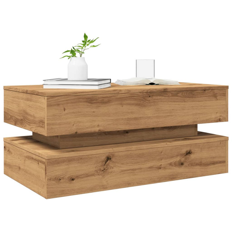 vidaXL kézműves tölgy színű dohányzóasztal LED-lámpákkal 90x50x40 cm
