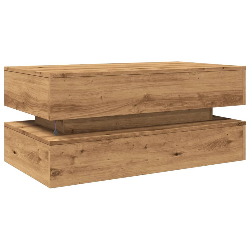 vidaXL kézműves tölgy színű dohányzóasztal LED-lámpákkal 90x50x40 cm