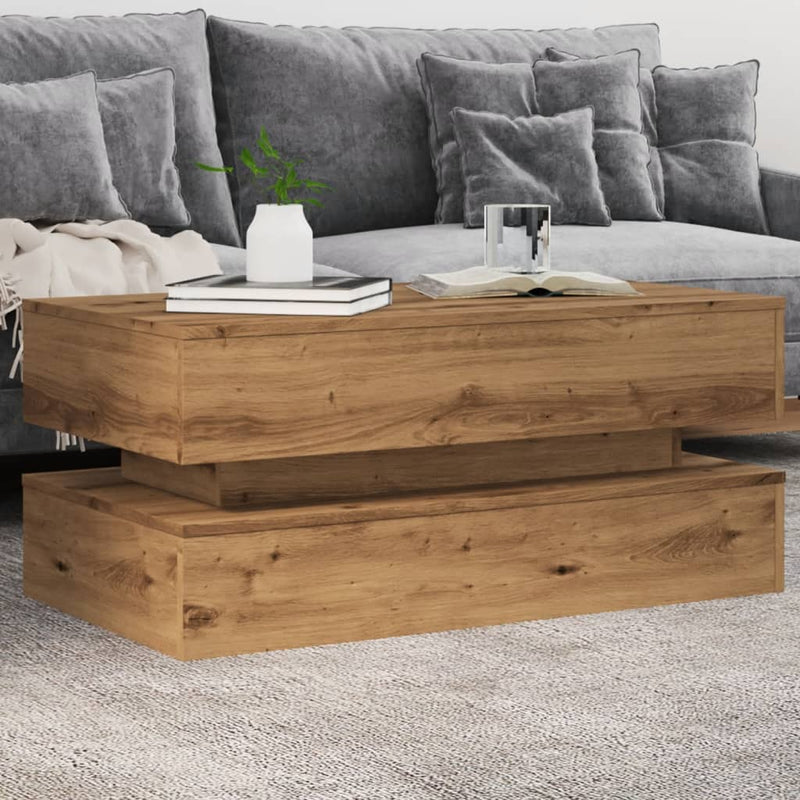 vidaXL kézműves tölgy színű dohányzóasztal LED-lámpákkal 90x50x40 cm