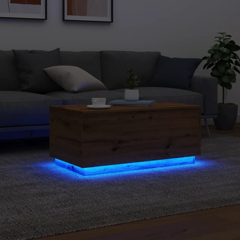 vidaXL kézműves tölgy színű dohányzóasztal LED-lámpákkal 90x50x40 cm