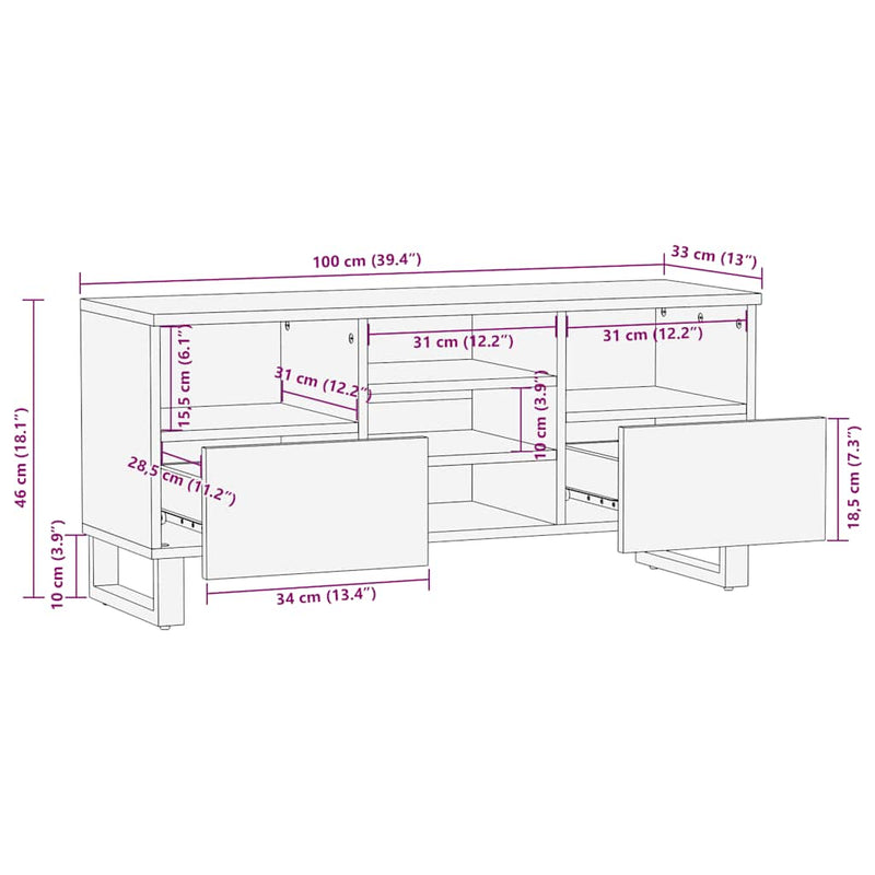 vidaXL fekete tömör mangófa TV-szekrény 100 x 33 x 46 cm