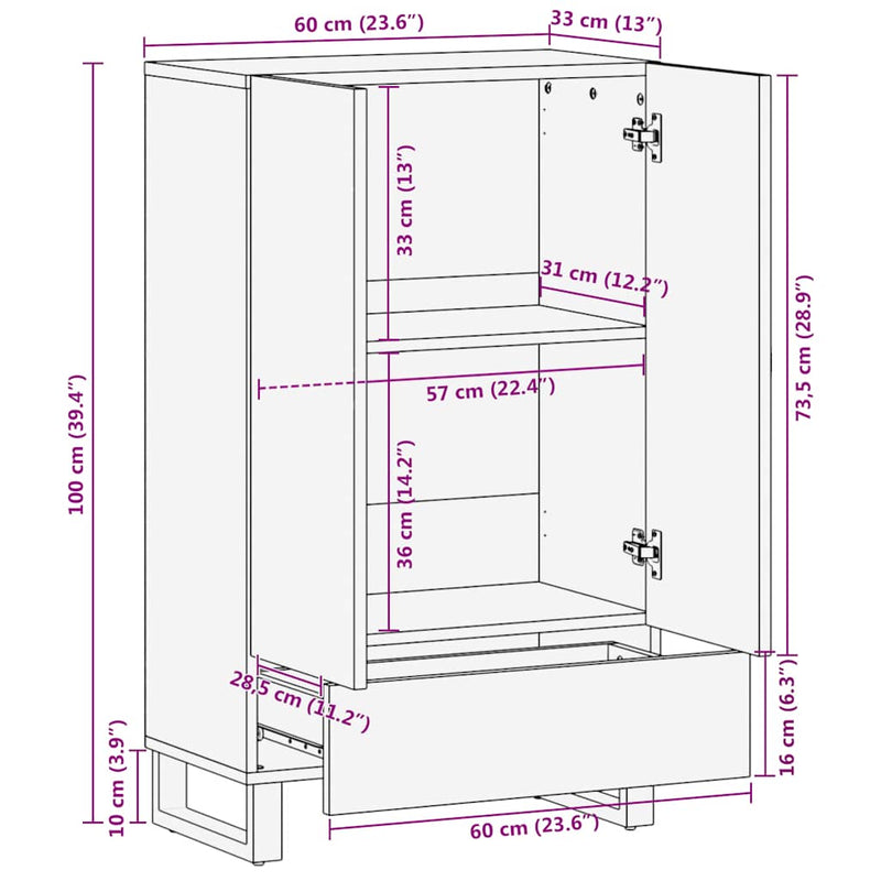 vidaXL fekete tömör mangófa magasszekrény 60 x 33 x 100 cm