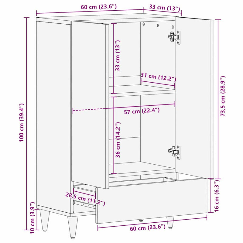 vidaXL Magasfiú fiókkal Világosbarna 60 x 33 x 100 cm tömör mangófa