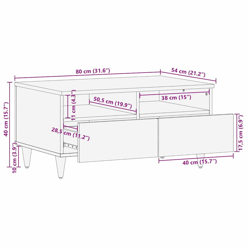 vidaXL Dohányzóasztal fiókkal Fehér 80 x 54 x 40 cm tömör mangófa