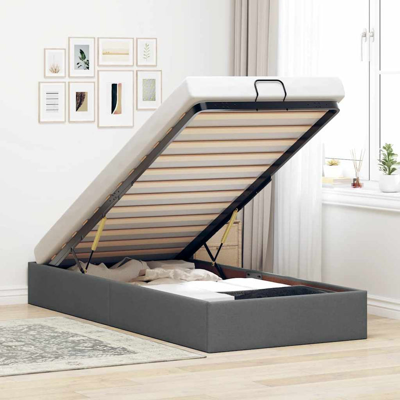 vidaXL Ottomán sötétszürke szövet ágykeret matrac nélkül 90x190 cm