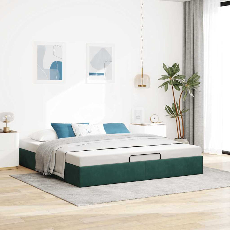 vidaXL Ottomán ágykeret matrac nélkül sötétzöld 200x200 cm bársony