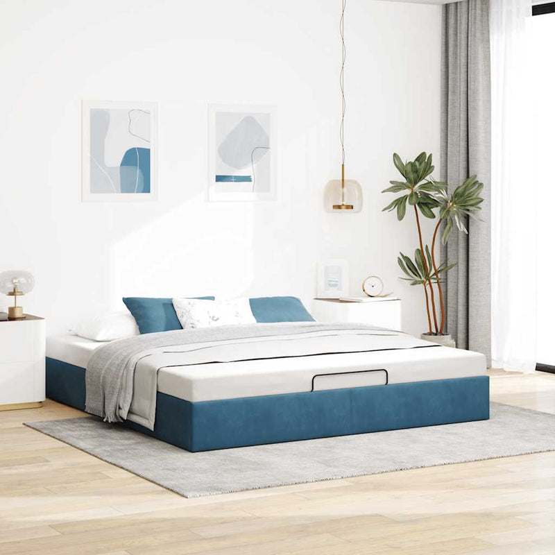 vidaXL Ottomán ágykeret matrac nélkül sötétkék 200x200 cm bársony