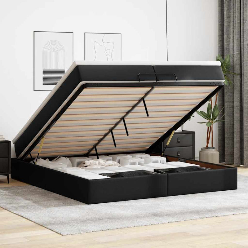 vidaXL Ottomán ágykeret matracokkal Fekete 200x200cm műbőr