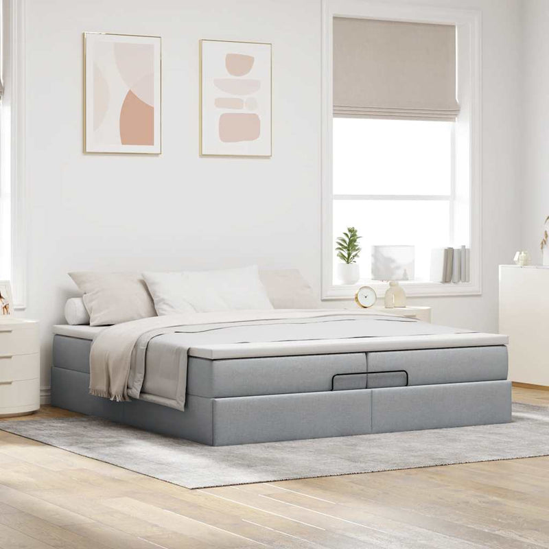 vidaXL Ottomán ágykeret matracokkal Világosszürke 200x200cm szövet