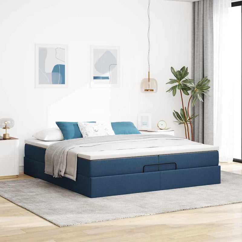 vidaXL Ottomán ágykeret matracokkal kék 200x200cm szövet