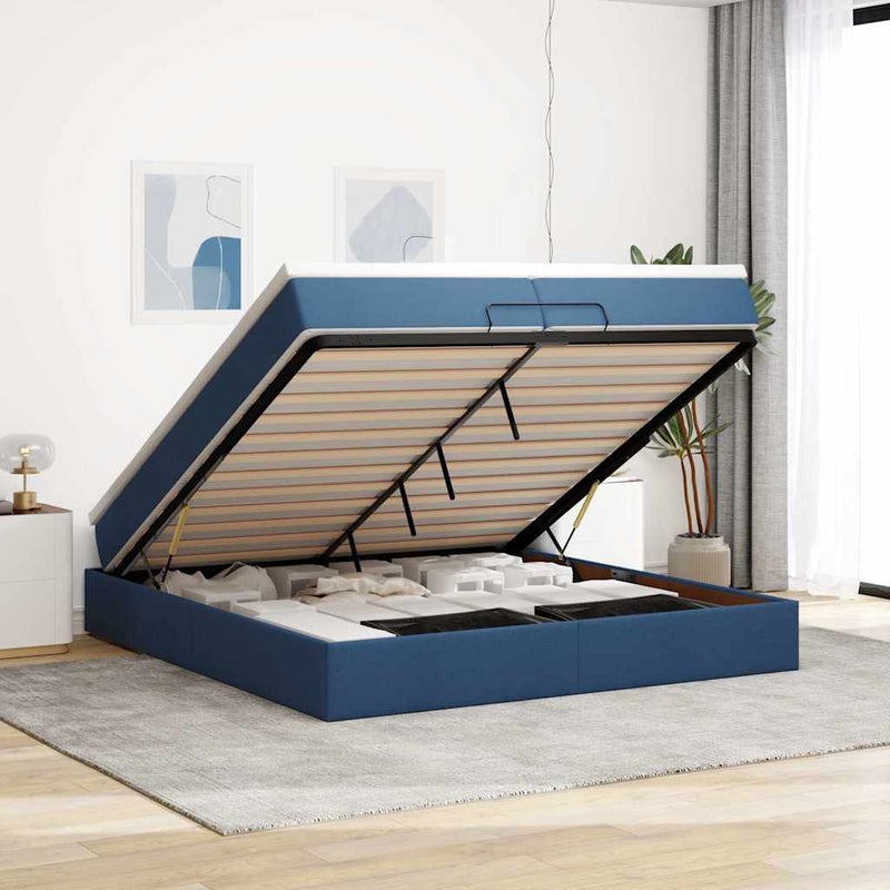 vidaXL Ottomán ágykeret matracokkal kék 200x200cm szövet