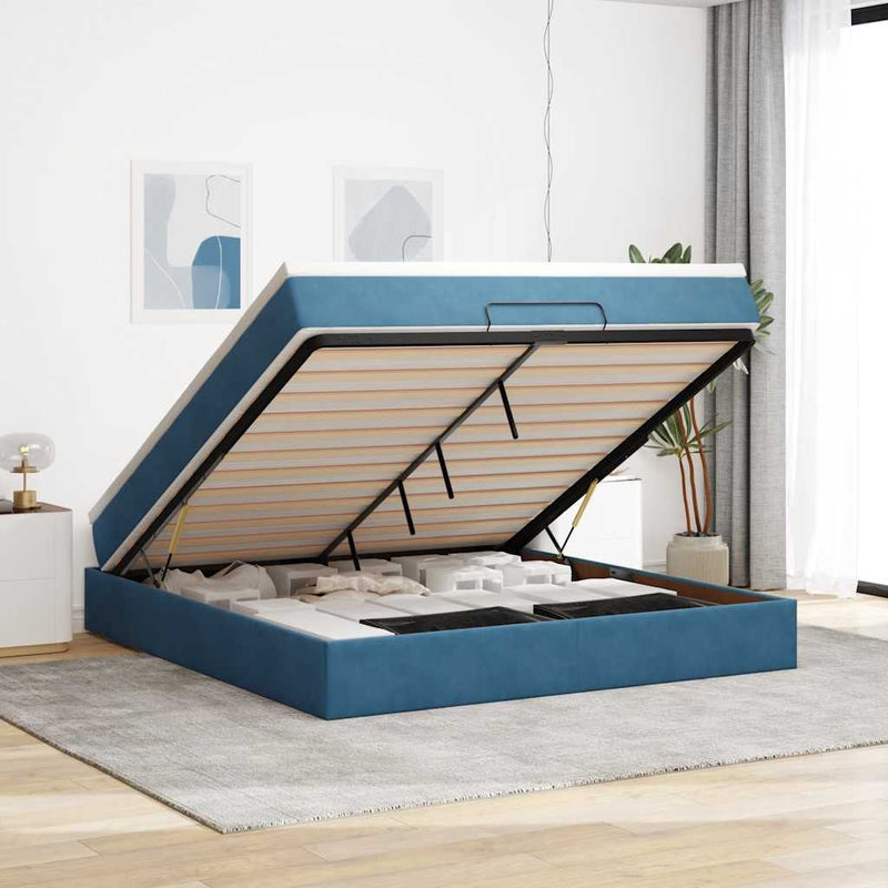 vidaXL Ottomán ágykeret matraccal sötétkék 180x200cm bársony